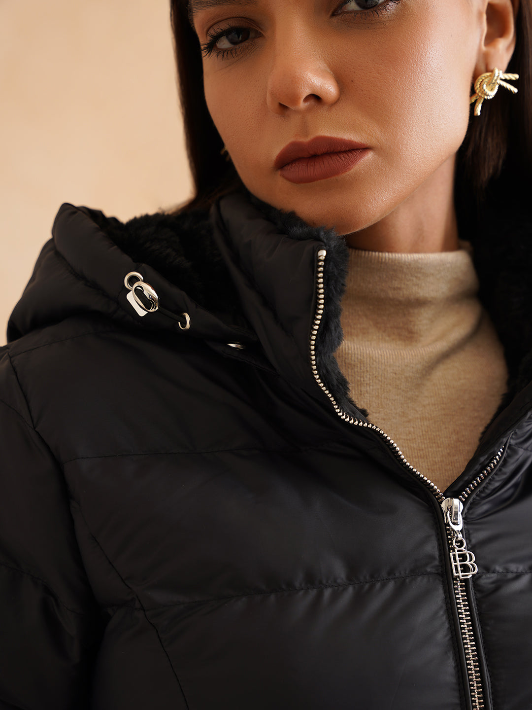 Puffer Detachable Hood Black Jacket