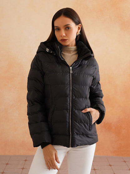 Puffer Detachable Hood Black Jacket Beatnik