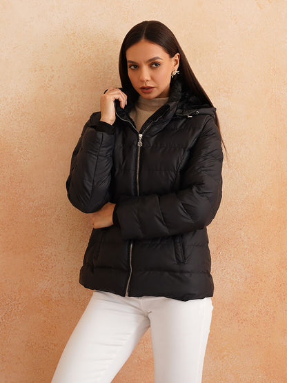 Puffer Detachable Hood Black Jacket Beatnik