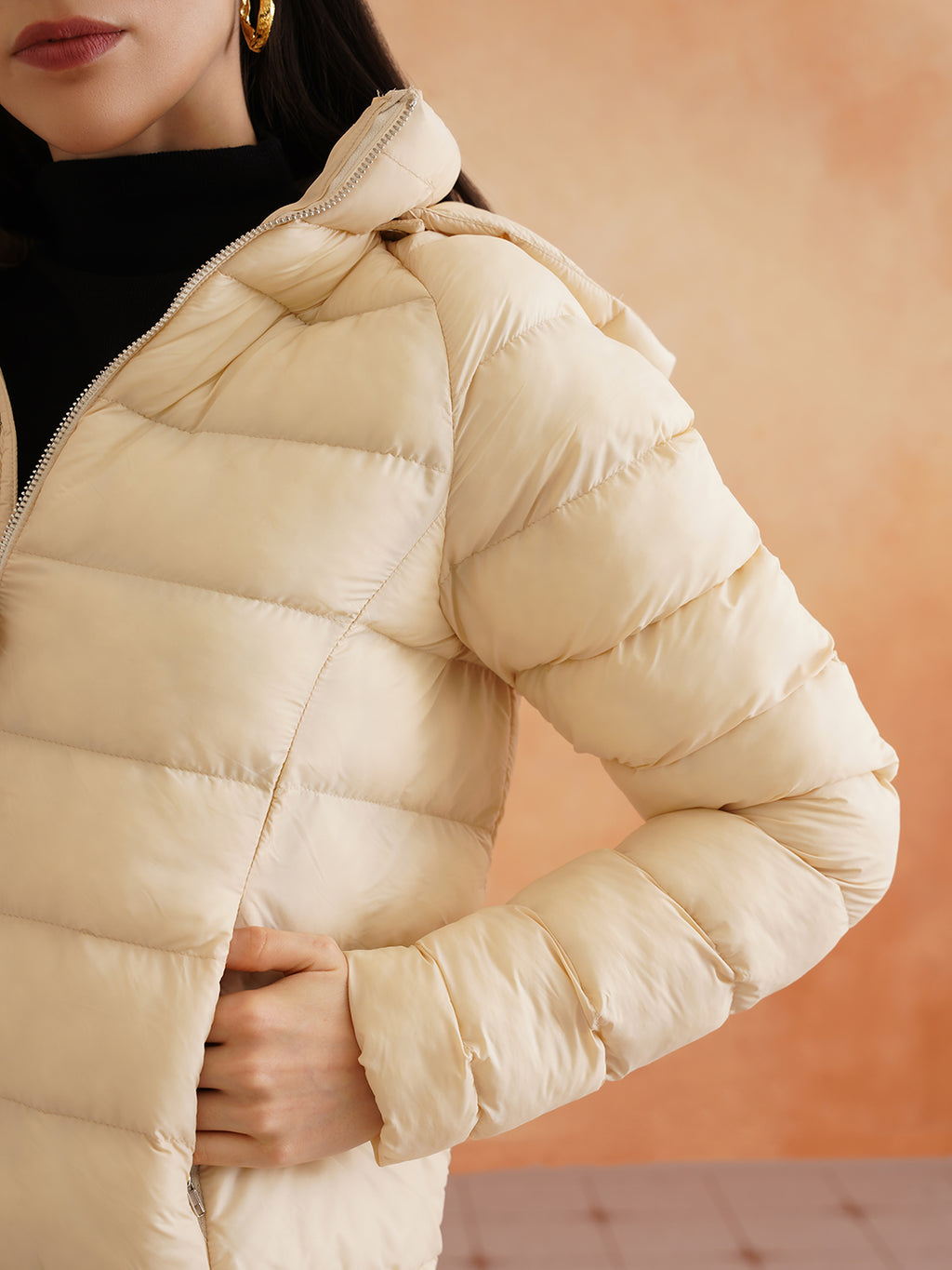 Off White Puffer Detachable Hood Jacket