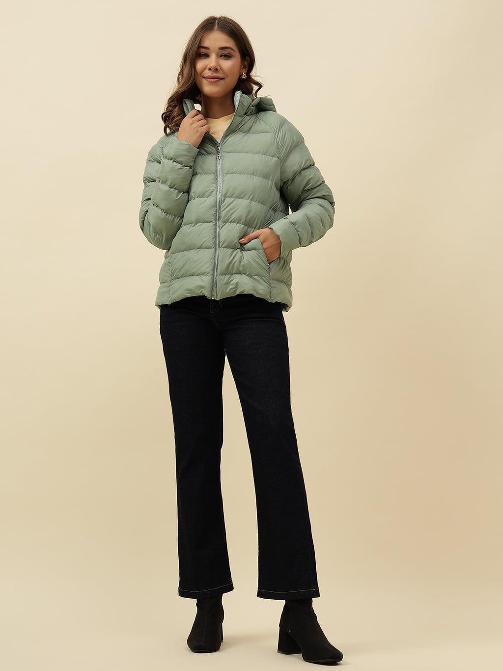 Pistachio Green Puffer Detachable Hood Jacket