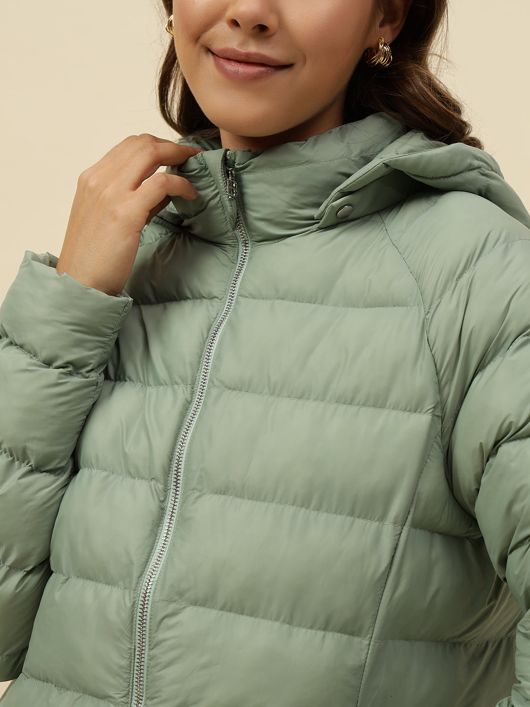 Pistachio Green Puffer Detachable Hood Jacket