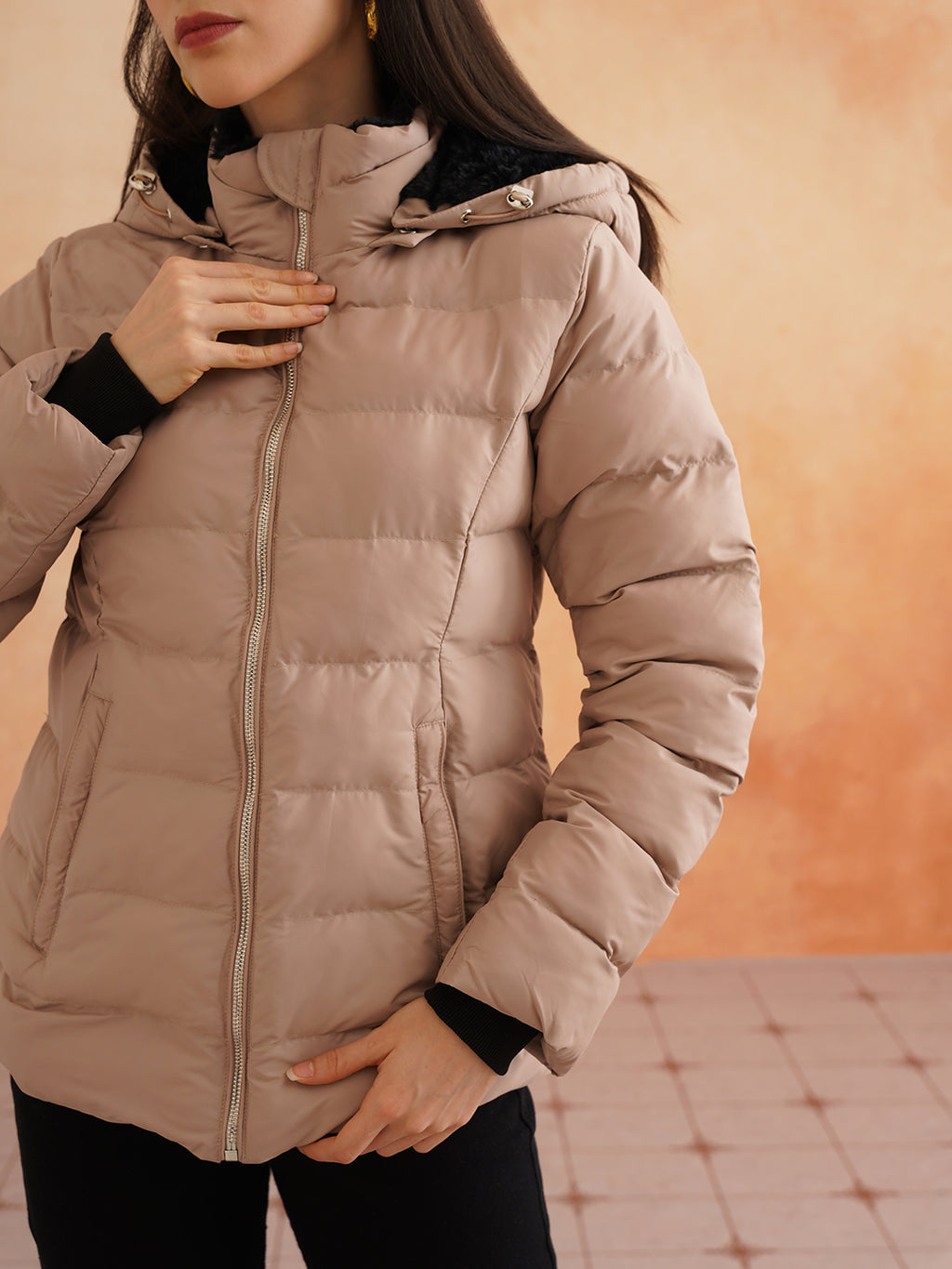 Beige Puffer Hooded Jacket