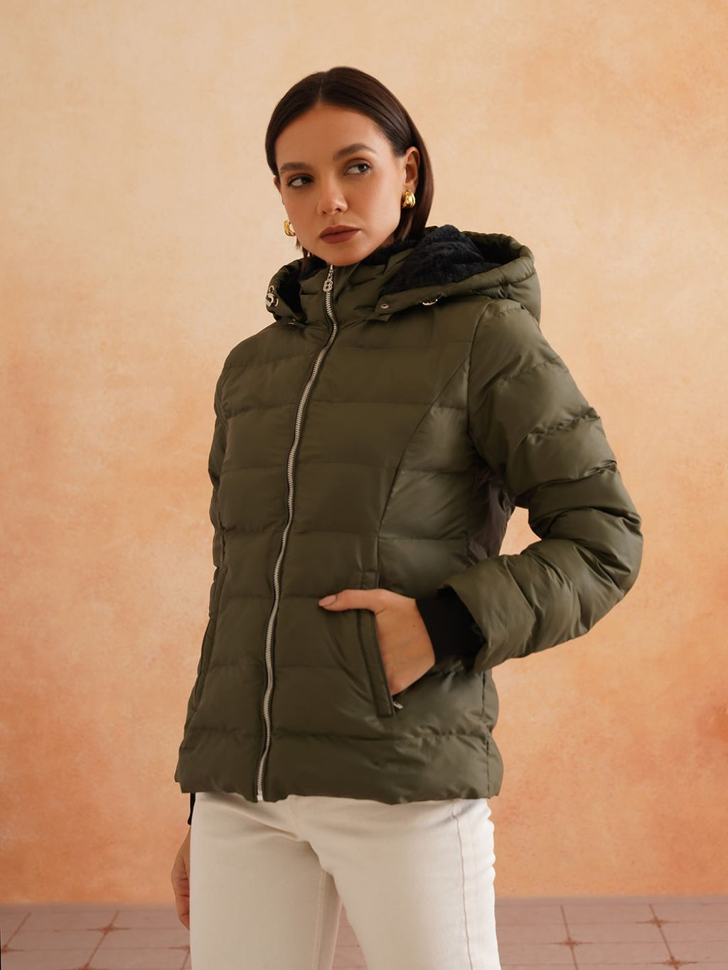 Olive Green Puffer Hooded Jacket Beatnik