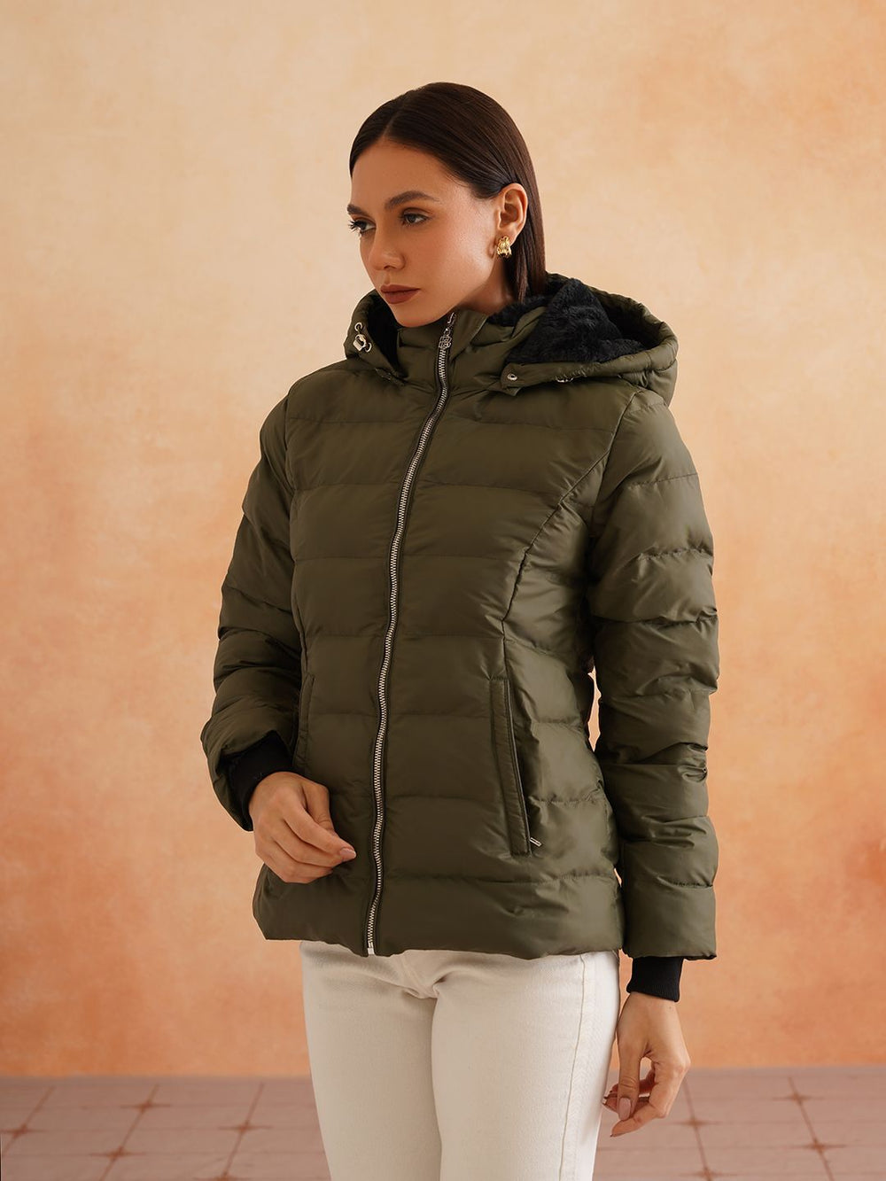 Olive Green Puffer Hooded Jacket Beatnik