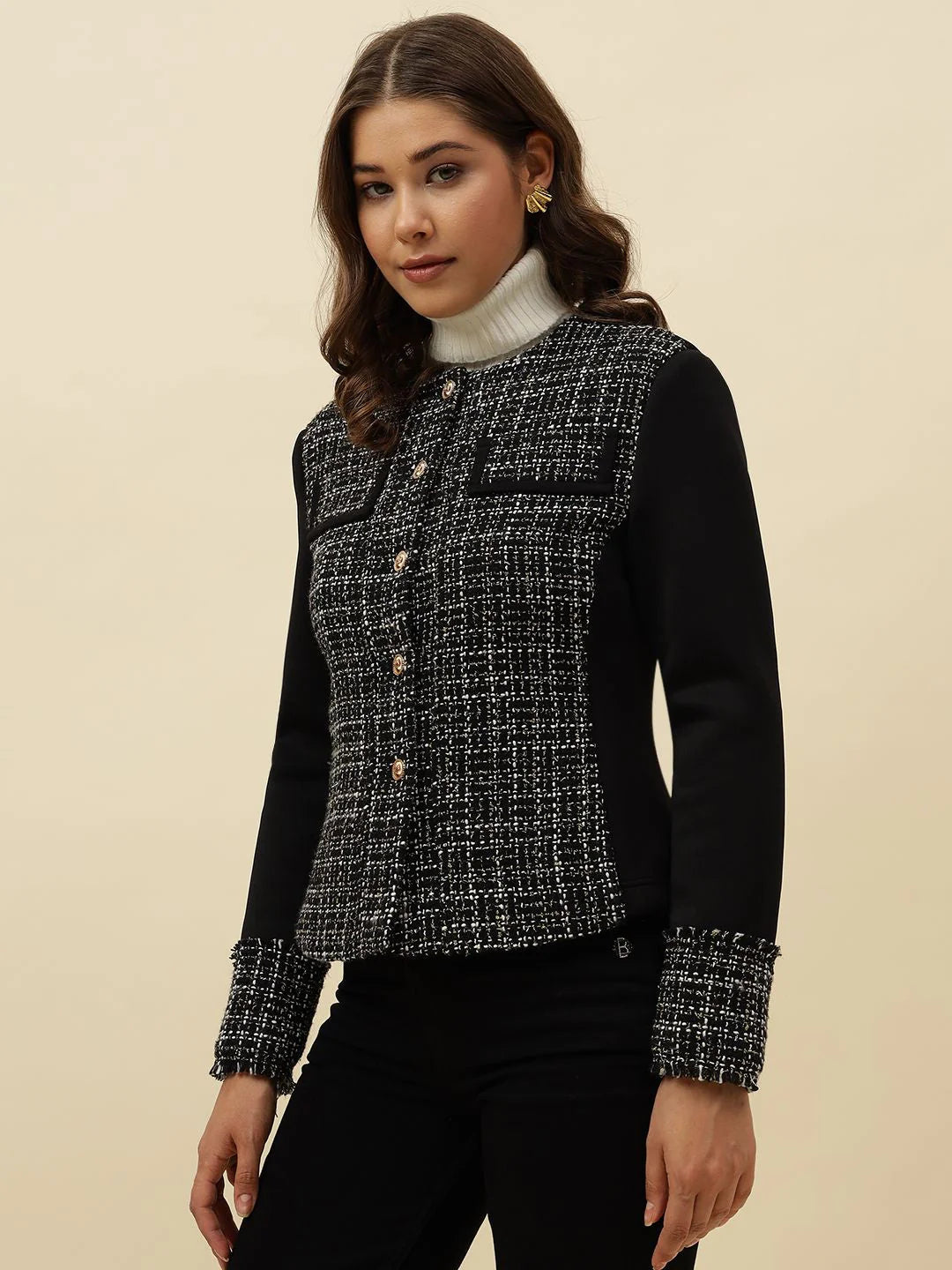 Front Open Collar Less Black Jacket