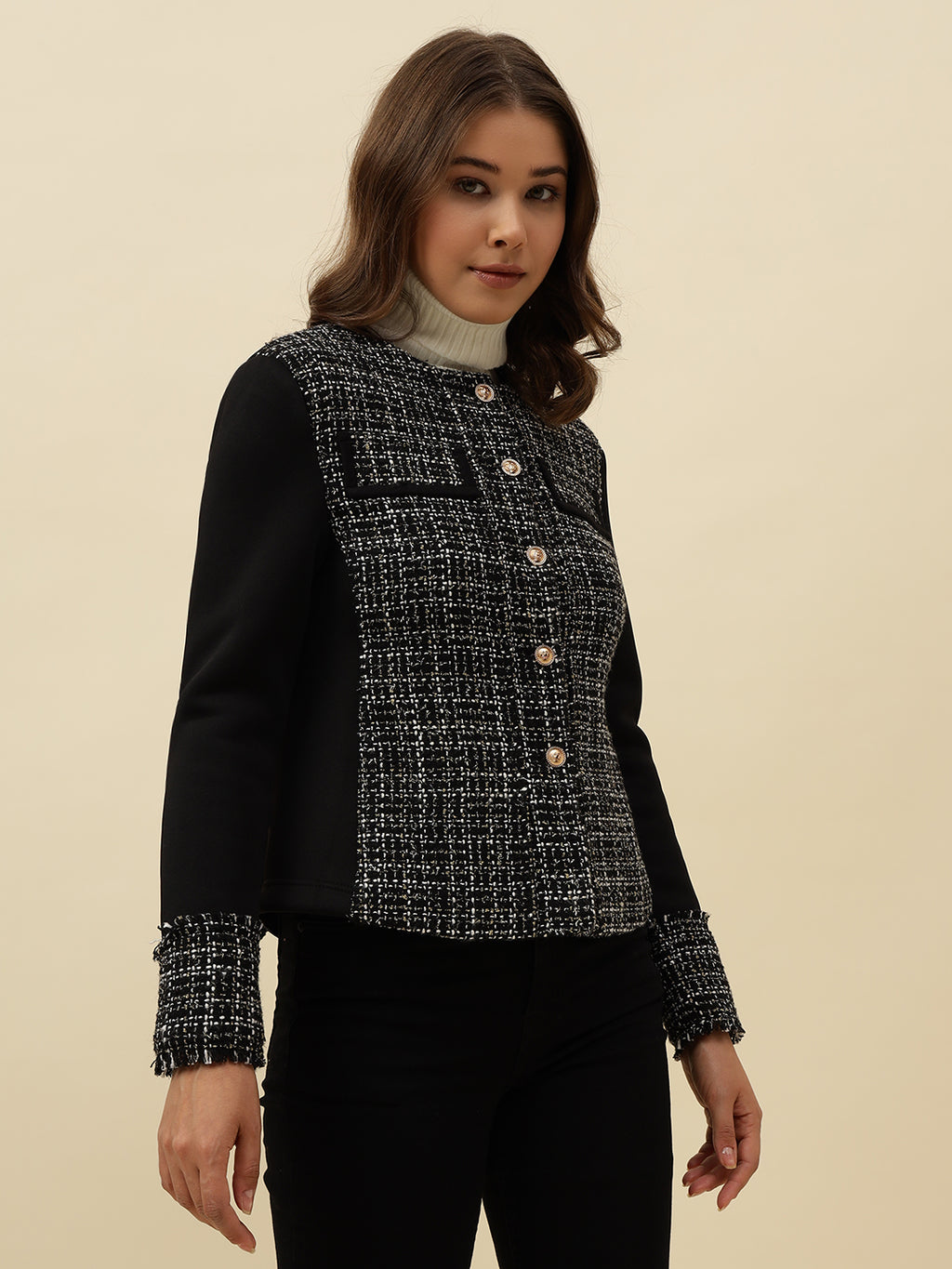 Front Open Collar Less Black Jacket