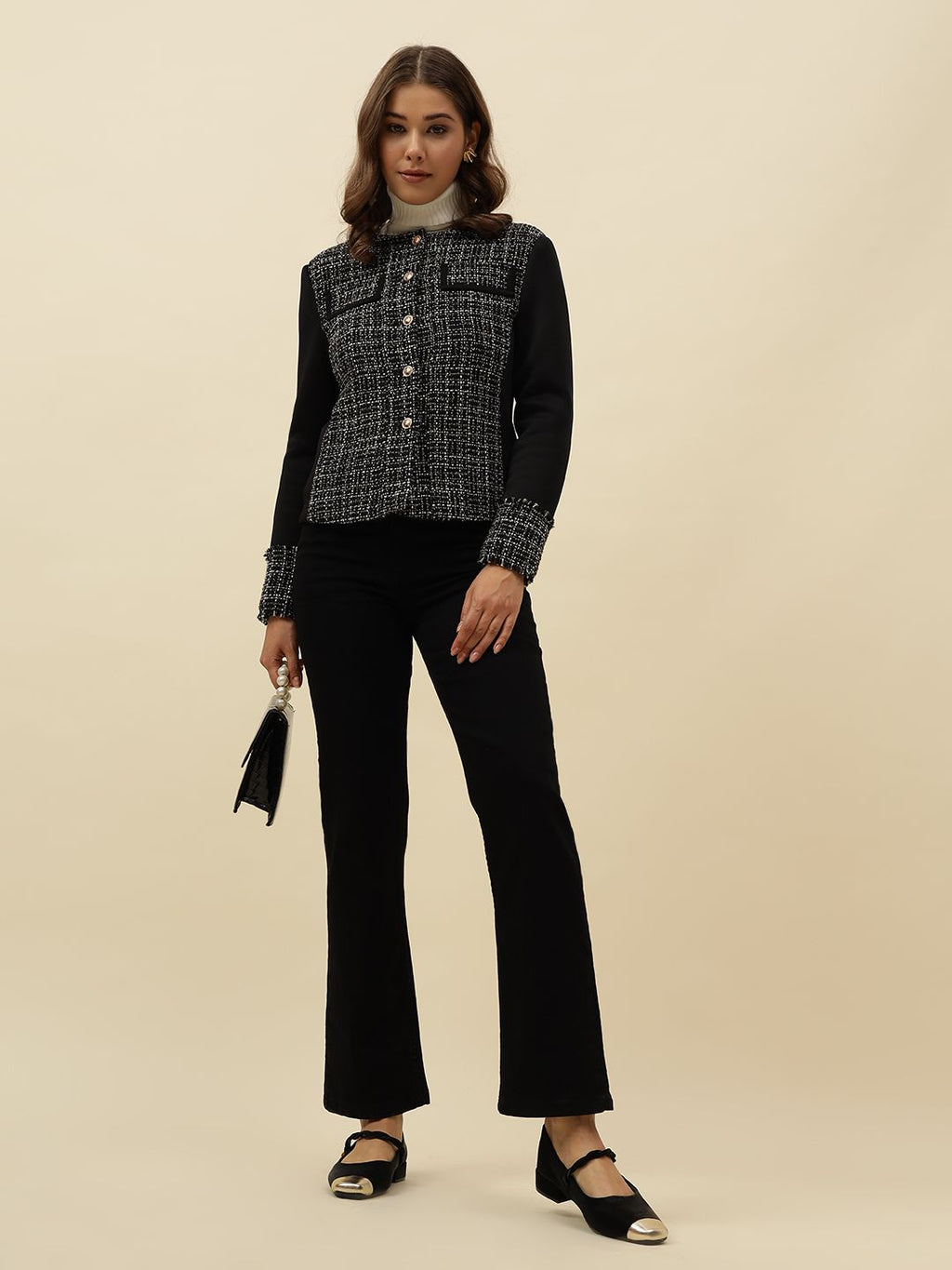 Front Open Collar Less Black Jacket Beatnik