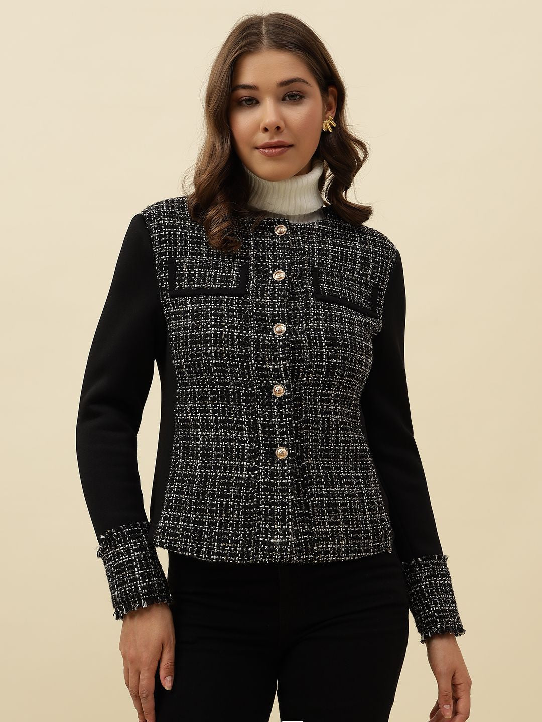 Front Open Collar Less Black Jacket Beatnik