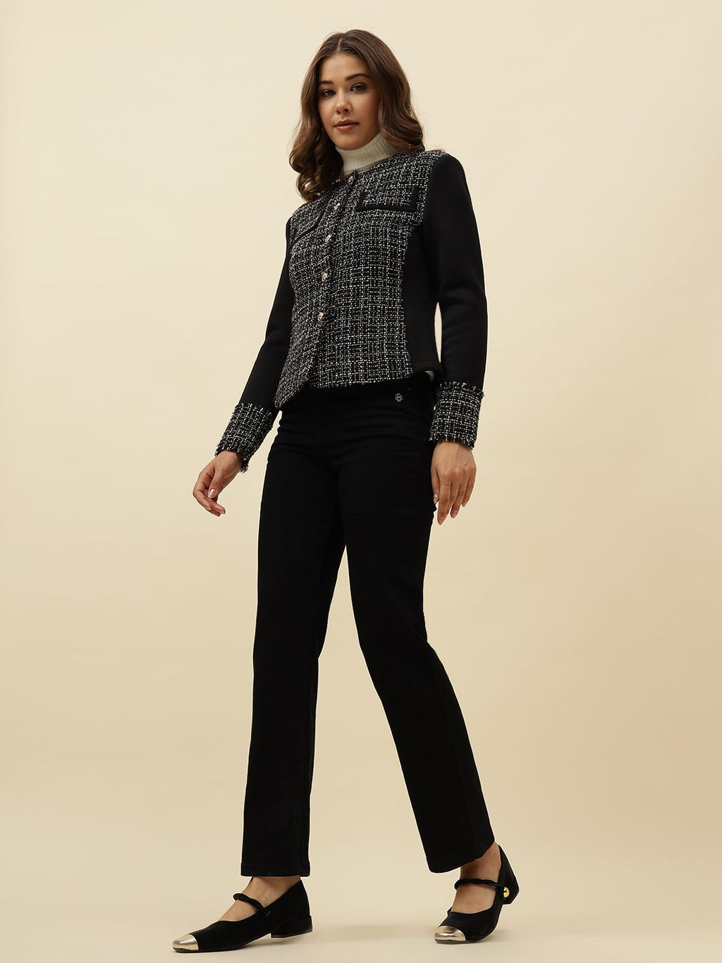 Front Open Collar Less Black Jacket Beatnik