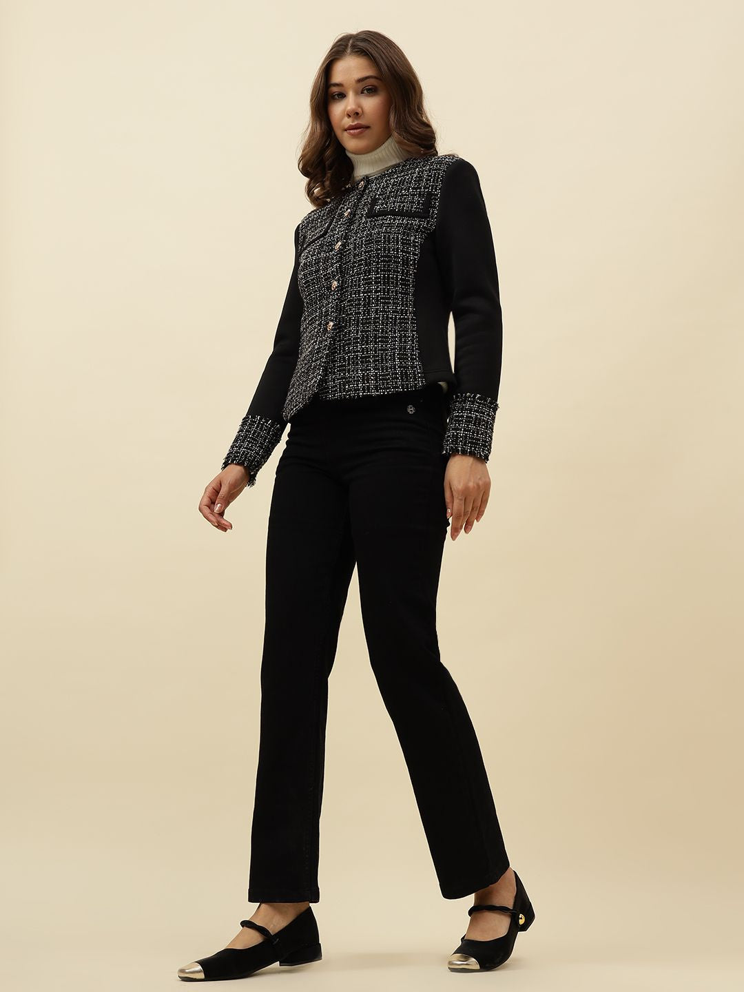 Front Open Collar Less Black Jacket Beatnik