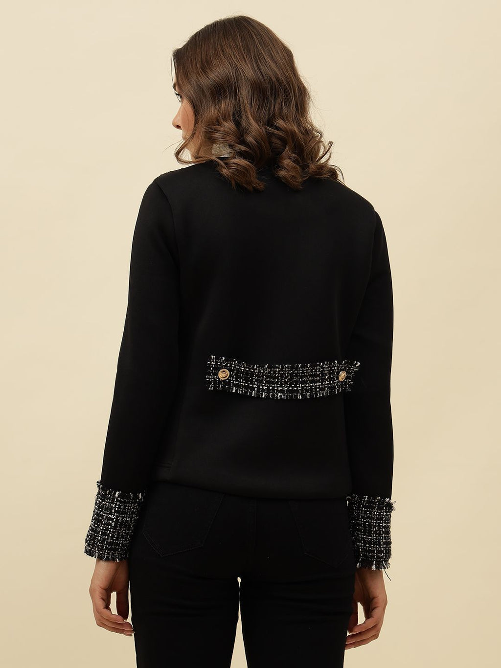 Front Open Collar Less Black Jacket Beatnik