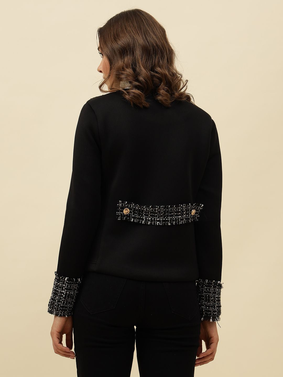 Front Open Collar Less Black Jacket Beatnik