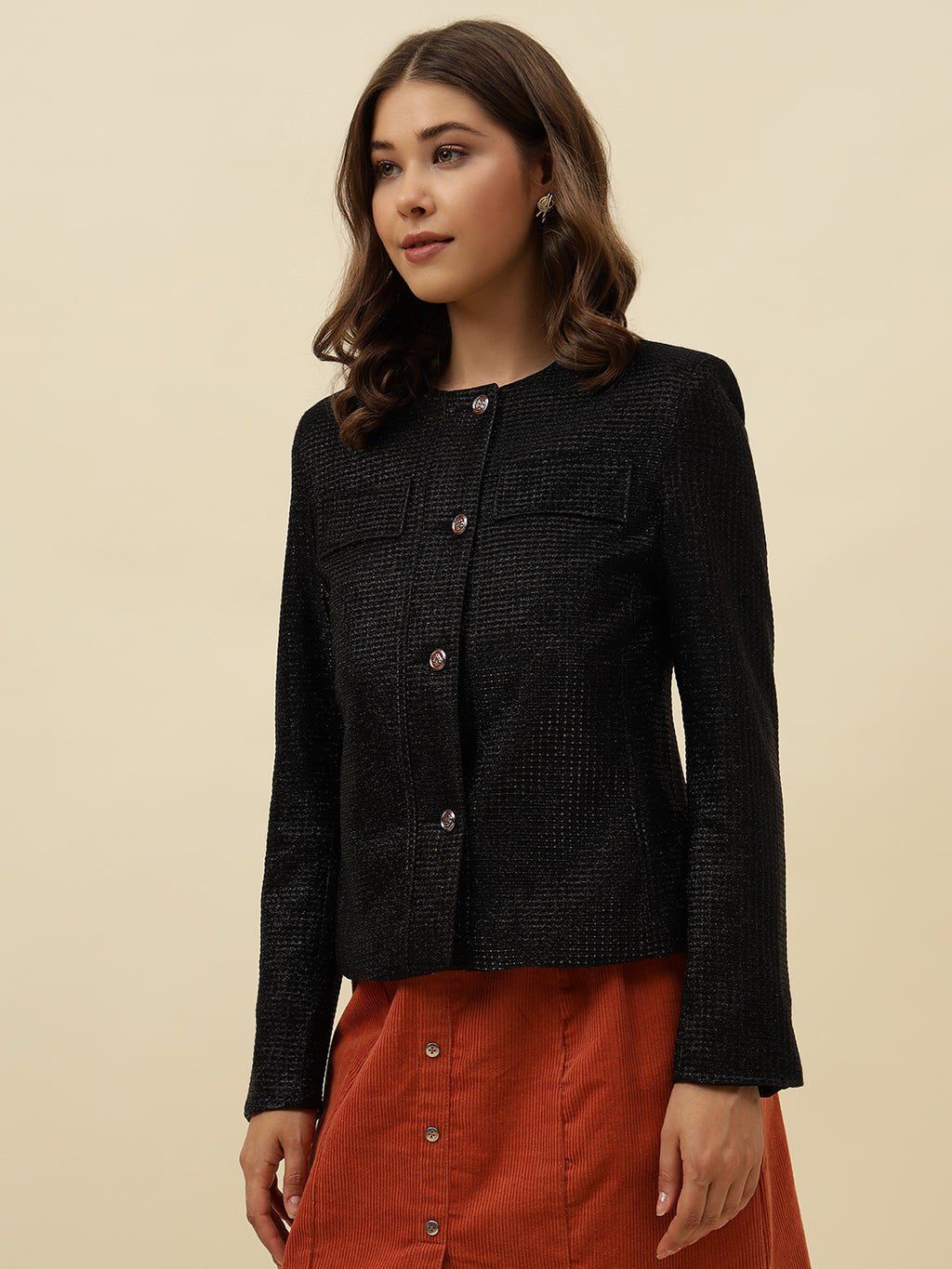 Front Open Collar Less Black Full Sleeve Jacket