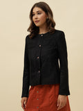 Front Open Collar Less Black Full Sleeve Jacket