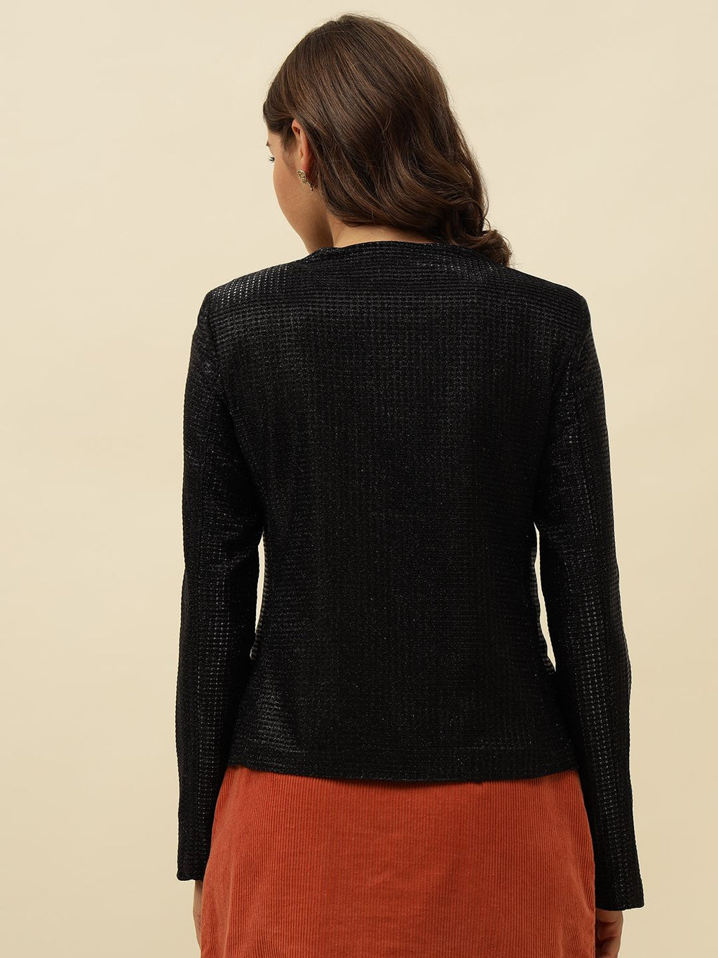 Front Open Collar Less Black Full Sleeve Jacket Beatnik