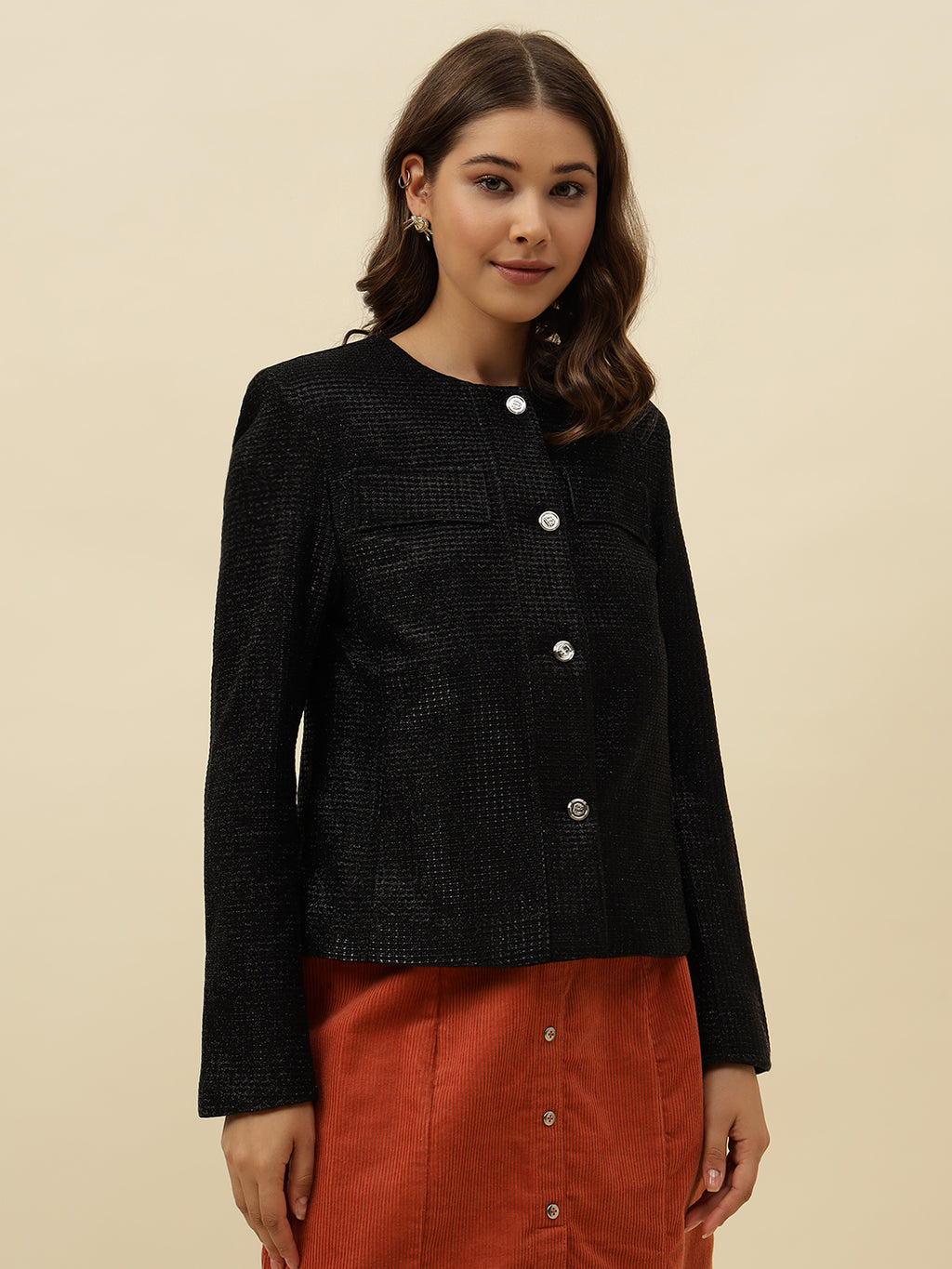 Front Open Collar Less Black Full Sleeve Jacket