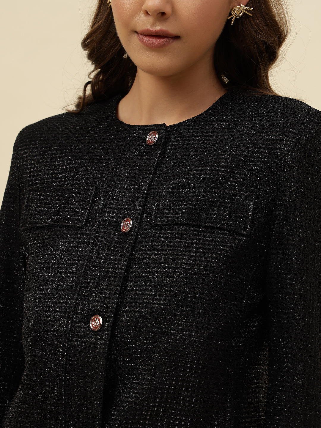 Front Open Collar Less Black Full Sleeve Jacket