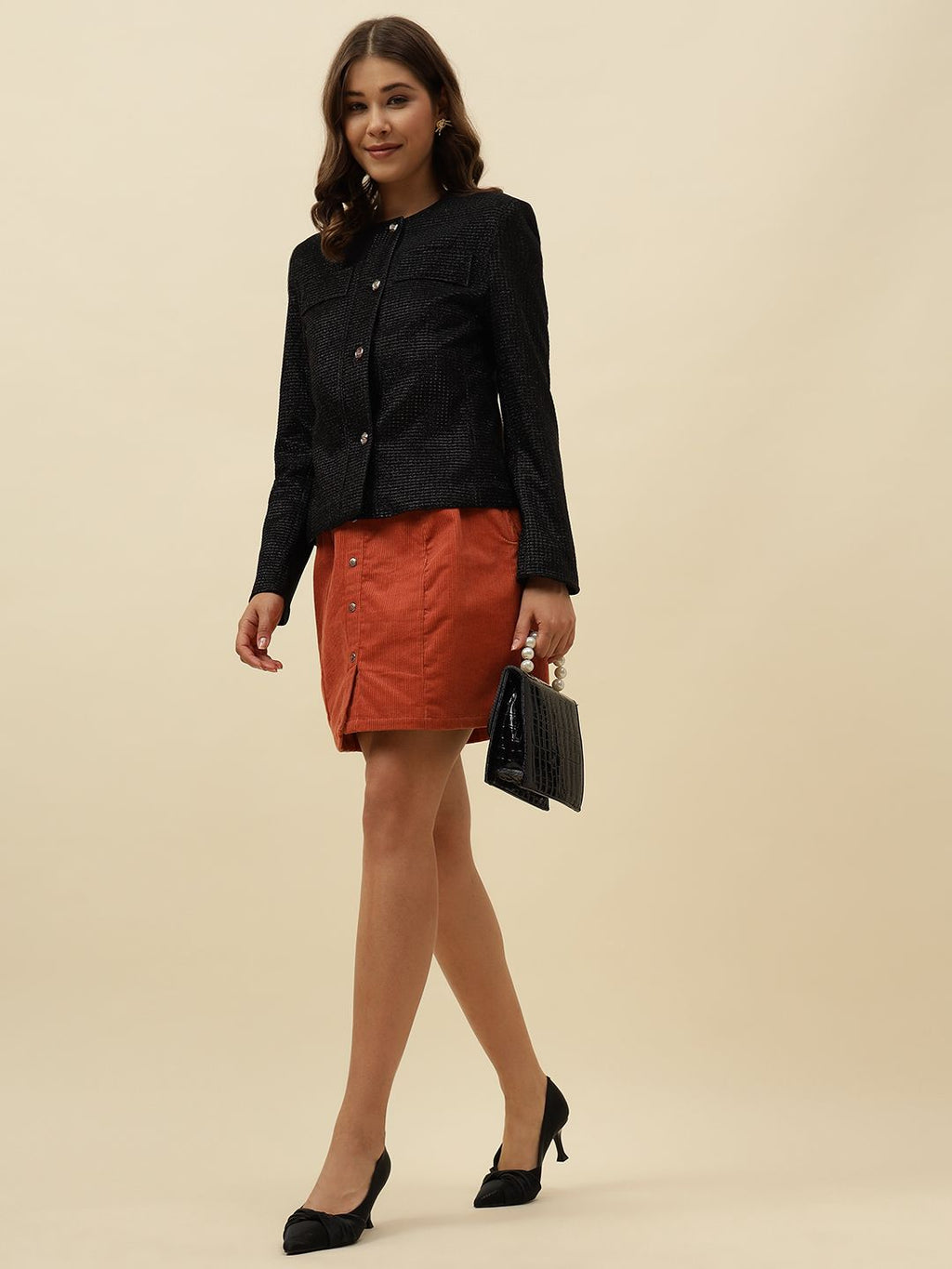 Front Open Collar Less Black Full Sleeve Jacket Beatnik