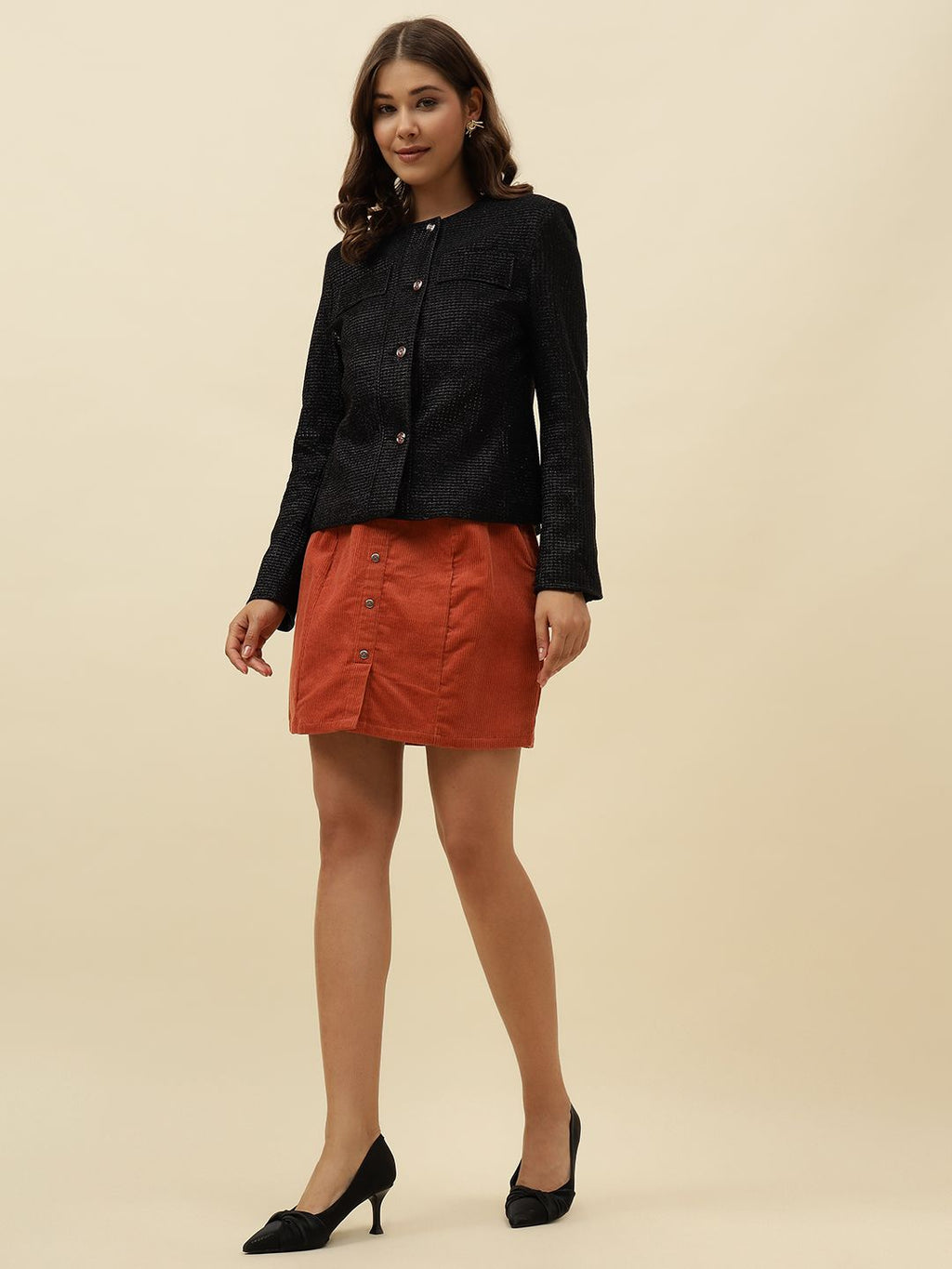 Front Open Collar Less Black Full Sleeve Jacket Beatnik