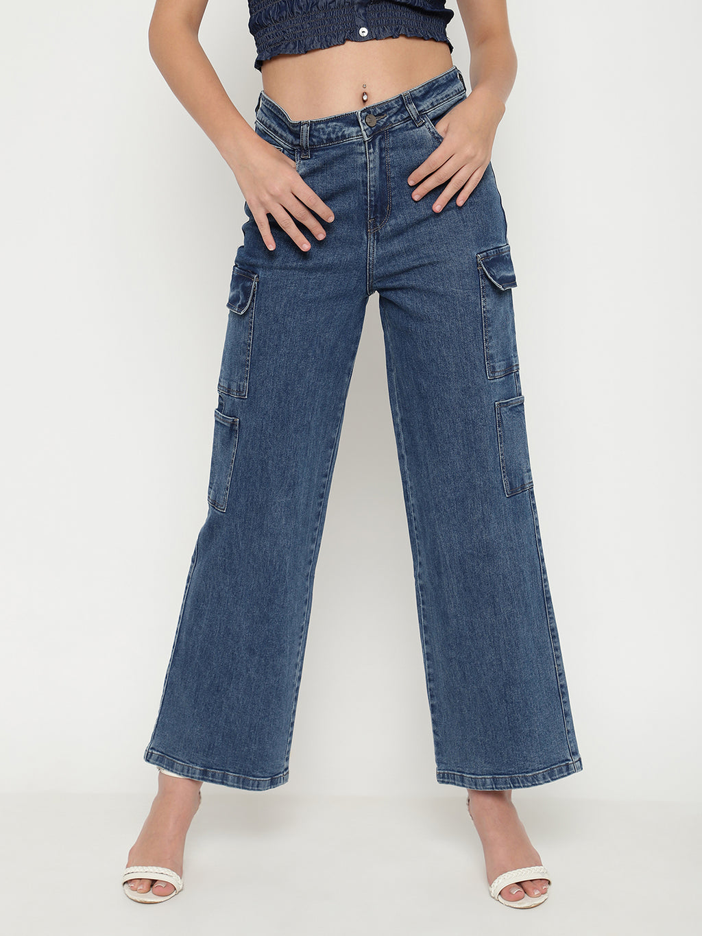Beatnik Cargo Pant Straight Stretchable Super-High Rise Denim Jeans Beatnik India
