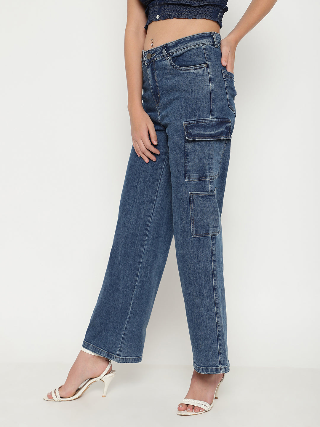 Beatnik Cargo Pant Straight Stretchable Super-High Rise Denim Jeans Beatnik India