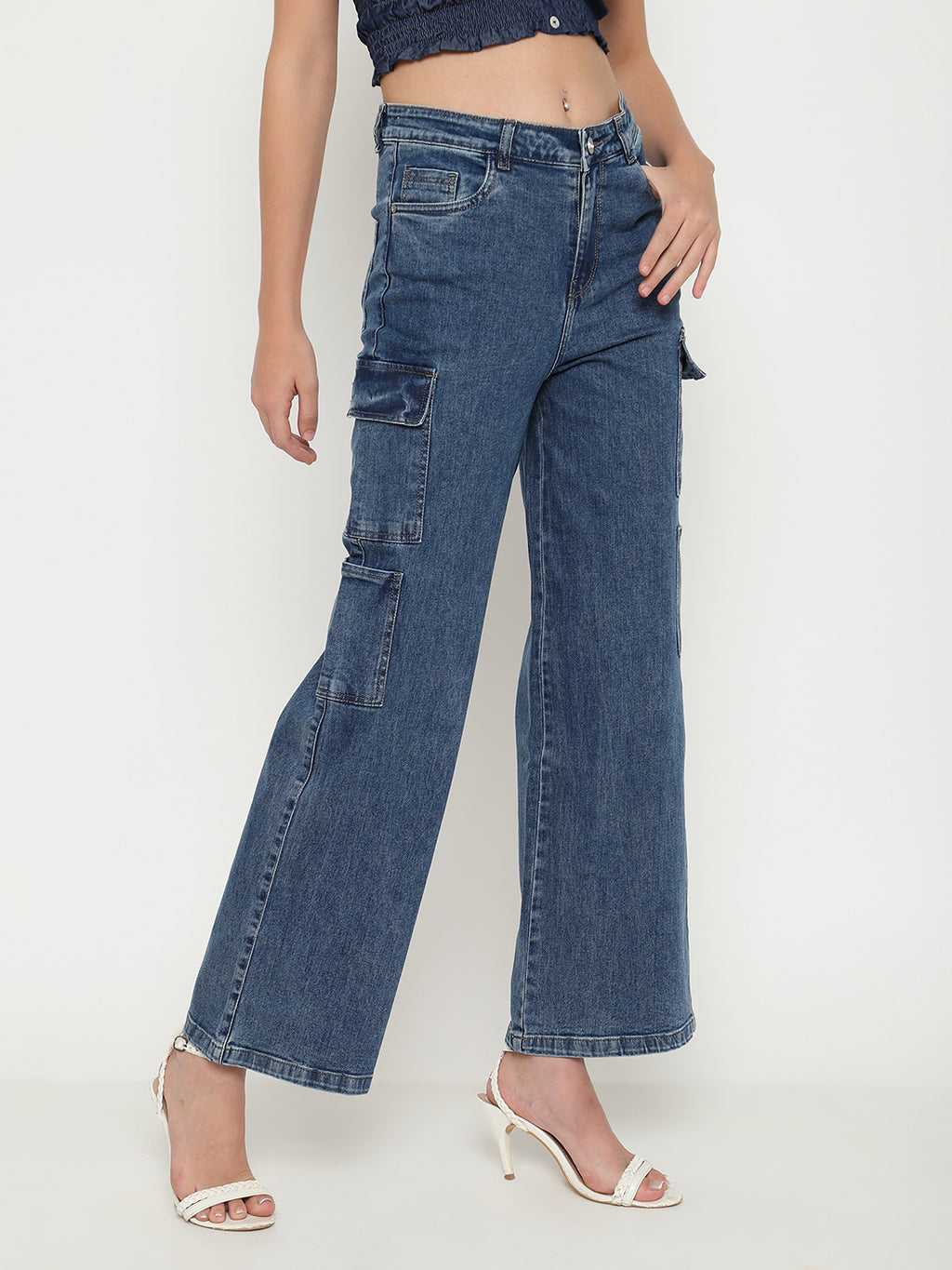 Beatnik Cargo Pant Straight Stretchable Super-High Rise Denim Jeans Beatnik India