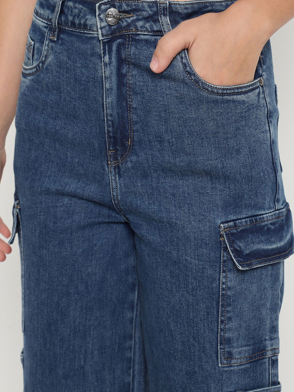 Beatnik Cargo Pant Straight Stretchable Super-High Rise Denim Jeans Beatnik India