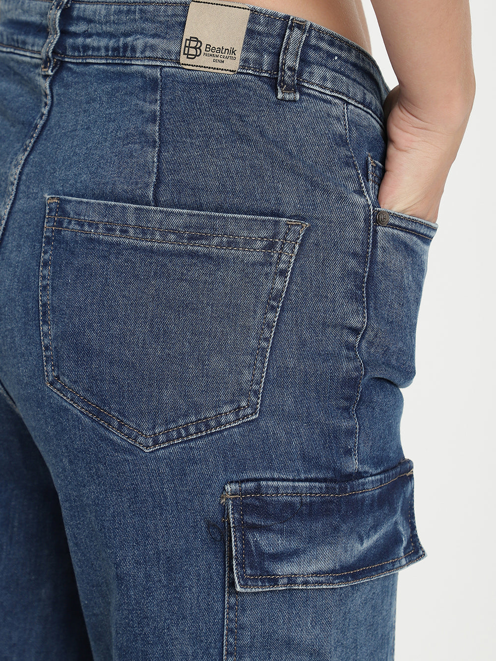 Beatnik Cargo Pant Straight Stretchable Super-High Rise Denim Jeans Beatnik India