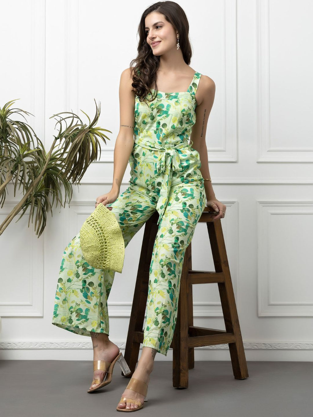 Beatnik Green Casual Wear Wide Leg Sleeveless Jumpsuit Beatnik India