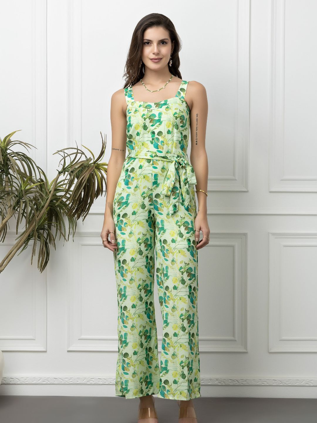 Beatnik Green Casual Wear Wide Leg Sleeveless Jumpsuit Beatnik India