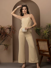 Beatnik Beige Party Wear Wide Leg 	U Neck Jumpsuit Beatnik India