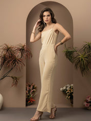 Beatnik Beige Party Wear Wide Leg 	U Neck Jumpsuit Beatnik India