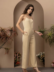 Beatnik Beige Party Wear Wide Leg 	U Neck Jumpsuit Beatnik India