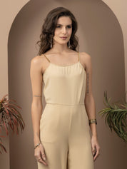 Beatnik Beige Party Wear Wide Leg 	U Neck Jumpsuit Beatnik India