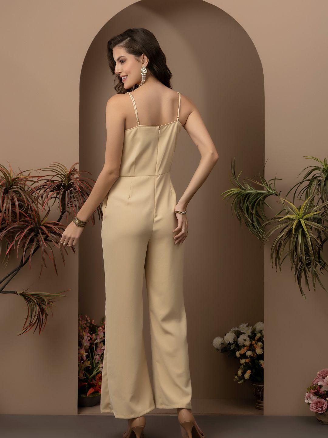 Beatnik Beige Party Wear Wide Leg 	U Neck Jumpsuit Beatnik India