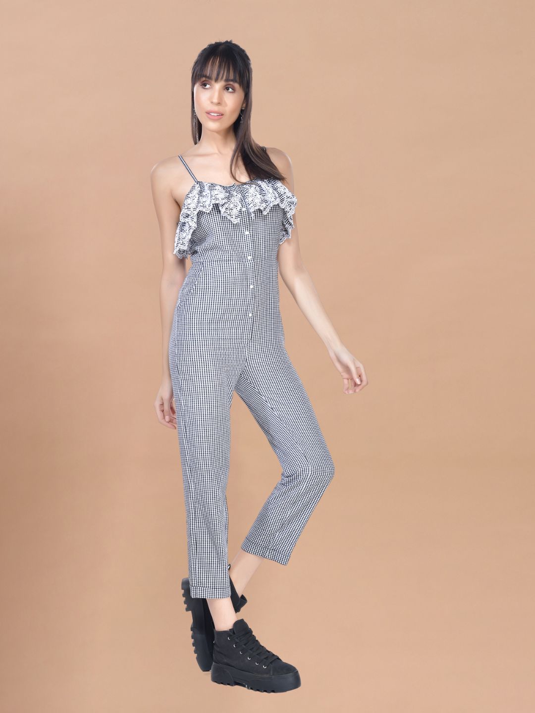 Beatnik Cotton Blend Square Neck Black Women Jumpsuits