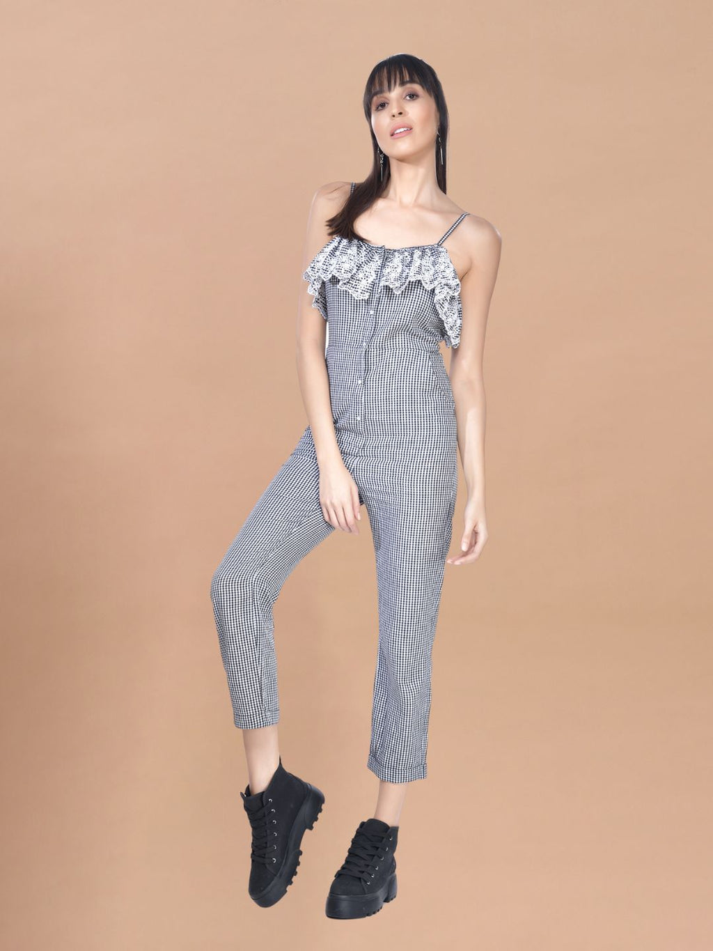 Beatnik Cotton Blend Square Neck Black Women Jumpsuits