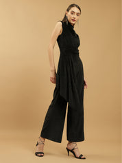 Wide Leg Velvet Full-Length Black Jumpsuit with Fitted Bodice and Halter Neck Beatnik India