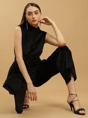Wide Leg Velvet Full-Length Black Jumpsuit with Fitted Bodice and Halter Neck Beatnik India