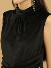 Wide Leg Velvet Full-Length Black Jumpsuit with Fitted Bodice and Halter Neck Beatnik India