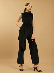 Wide Leg Velvet Full-Length Black Jumpsuit with Fitted Bodice and Halter Neck Beatnik India