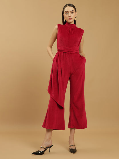 Wide Leg Velvet Full-Length Maroon Jumpsuit with Fitted Bodice and Halter Neck Beatnik India