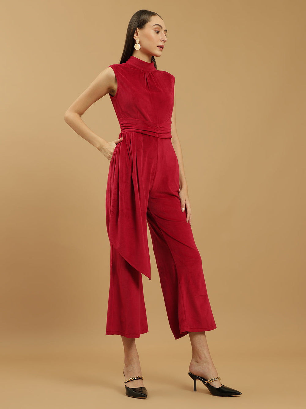 Wide Leg Velvet Full-Length Maroon Jumpsuit with Fitted Bodice and Halter Neck Beatnik India