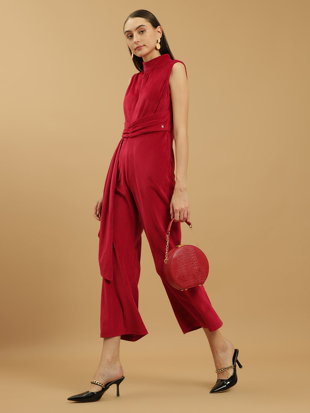 Wide Leg Velvet Full-Length Maroon Jumpsuit with Fitted Bodice and Halter Neck Beatnik India