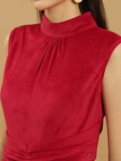 Wide Leg Velvet Full-Length Maroon Jumpsuit with Fitted Bodice and Halter Neck Beatnik India