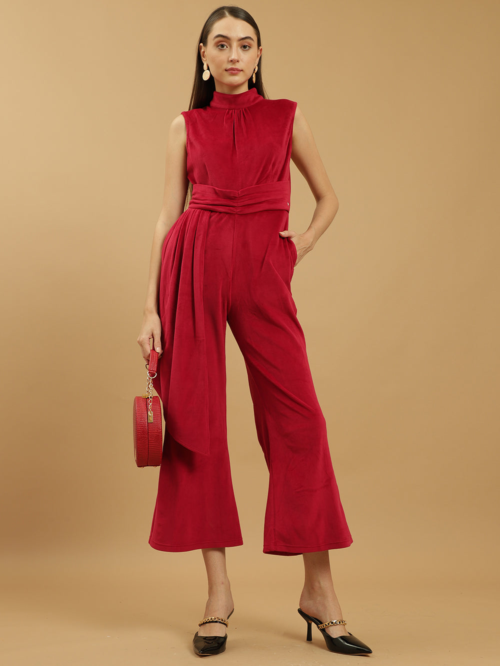 Wide Leg Velvet Full-Length Maroon Jumpsuit with Fitted Bodice and Halter Neck Beatnik India