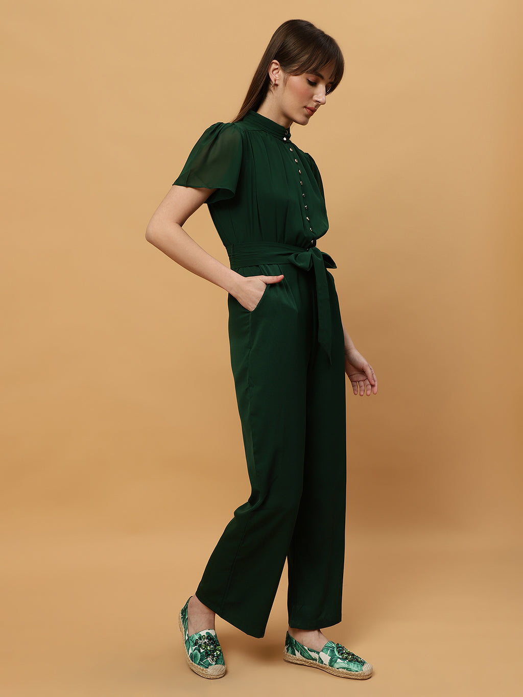 Beatnik Straight Ankle-length Self Dark Green Women Jumpsuits Beatnik India