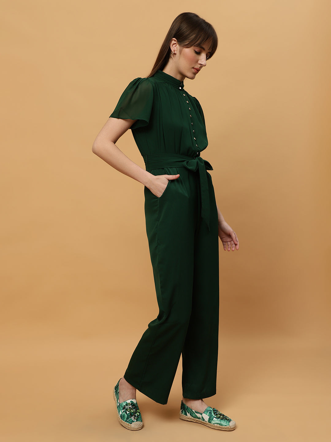 Beatnik Straight Ankle-length Self Dark Green Women Jumpsuits Beatnik India