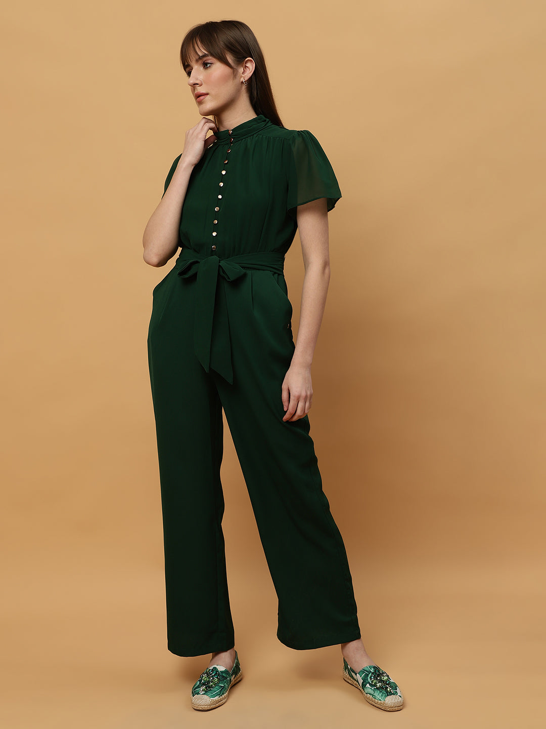 Beatnik Straight Ankle-length Self Dark Green Women Jumpsuits Beatnik India